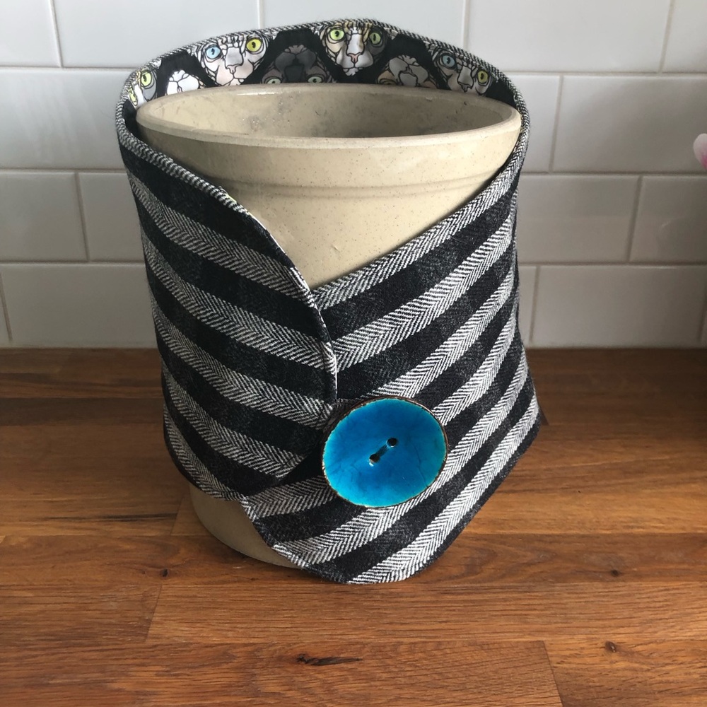 Striped Black & Gray Neck Warmer with Bright Blue Button